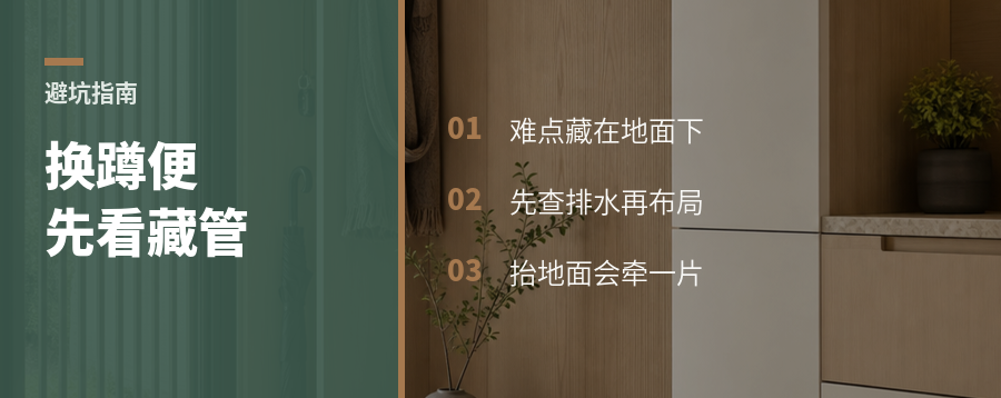 小卫生间想换蹲便，先看地面能不能“藏管”