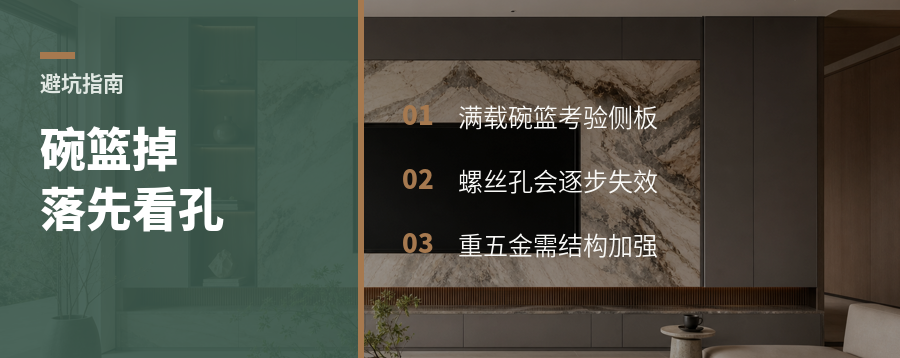满载碗篮掉落，常从柜体螺丝孔开始