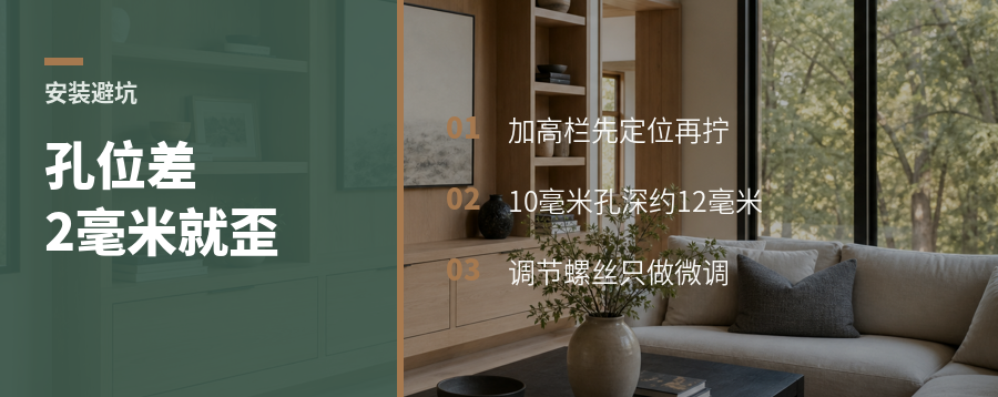 骑马抽加高栏别先拧，孔位差2毫米就歪