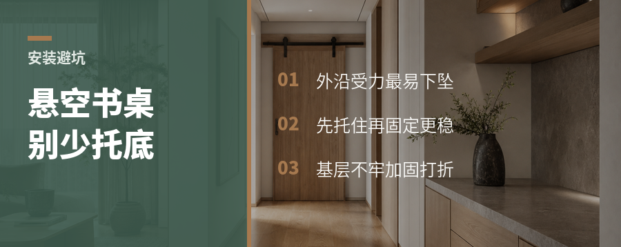 悬空书桌最怕外侧受力，少一根加固条就可能下坠