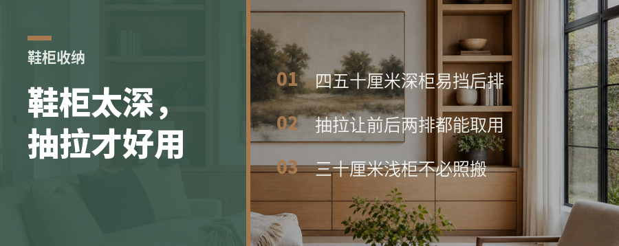 鞋柜做到四五十厘米，抽拉收纳才不浪费深度